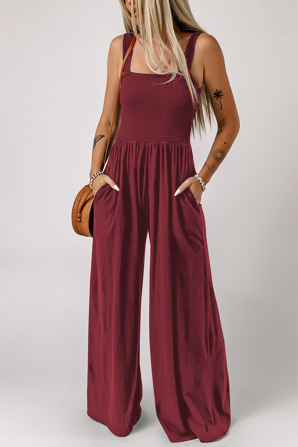 Women’s Smocked Square Neck Wide Leg Jumpsuit with Pockets