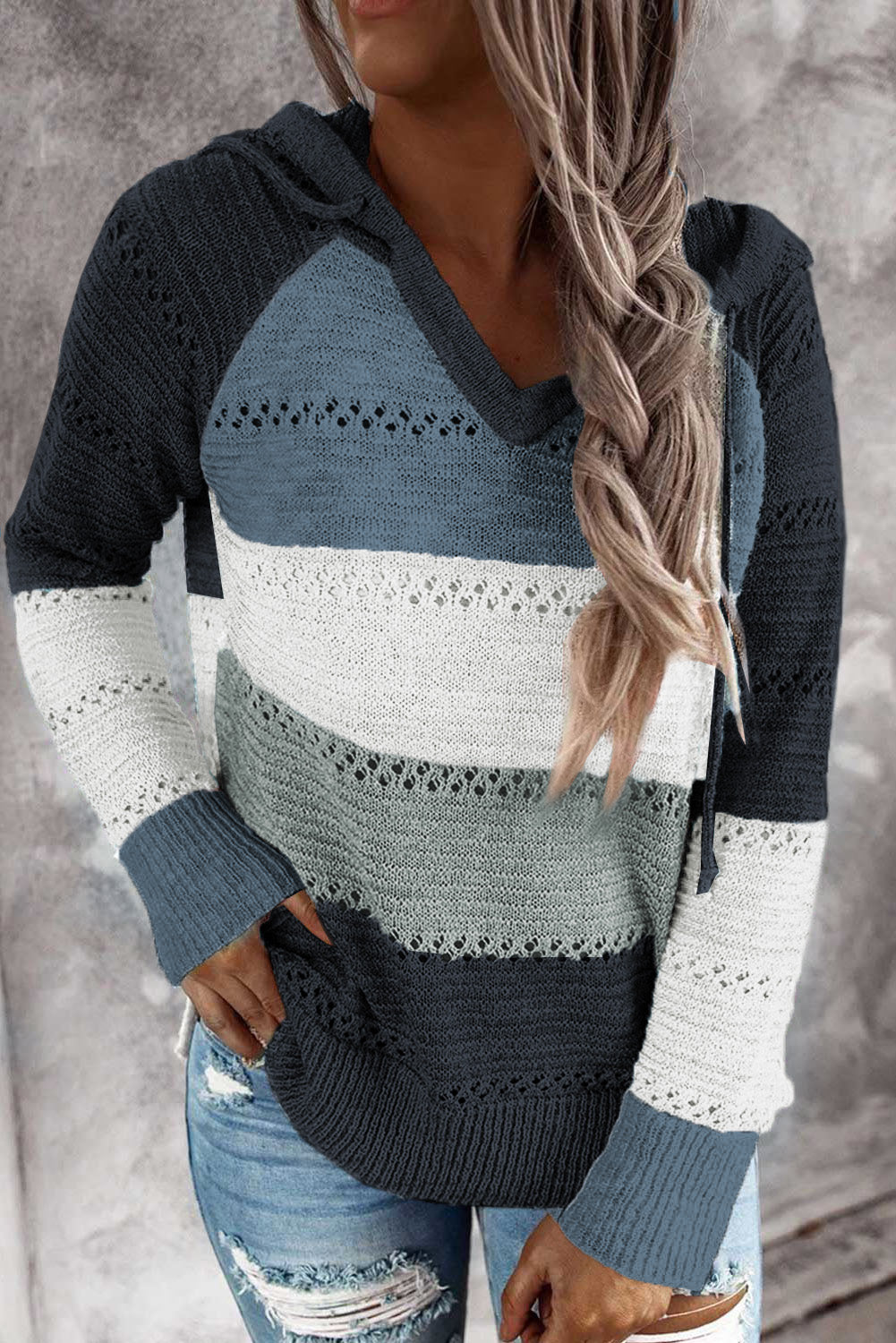 Women’s Full Size Color Block Knitted Hoodie