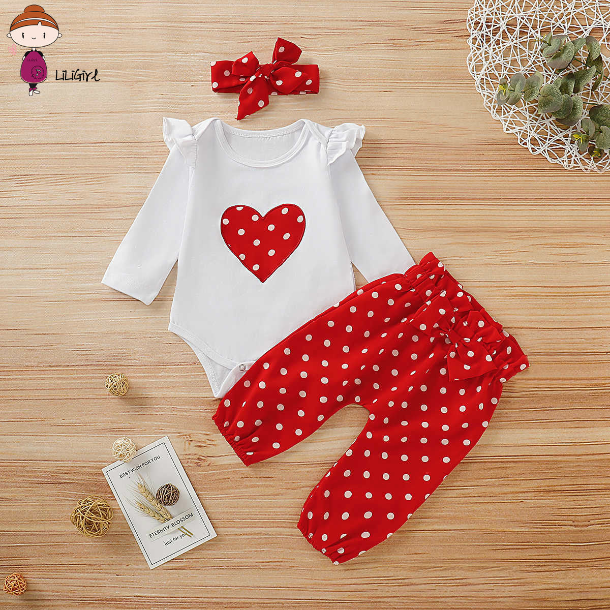 Children’s Girls Heart Print Romper +red Polka Dot Pants+Headband Set