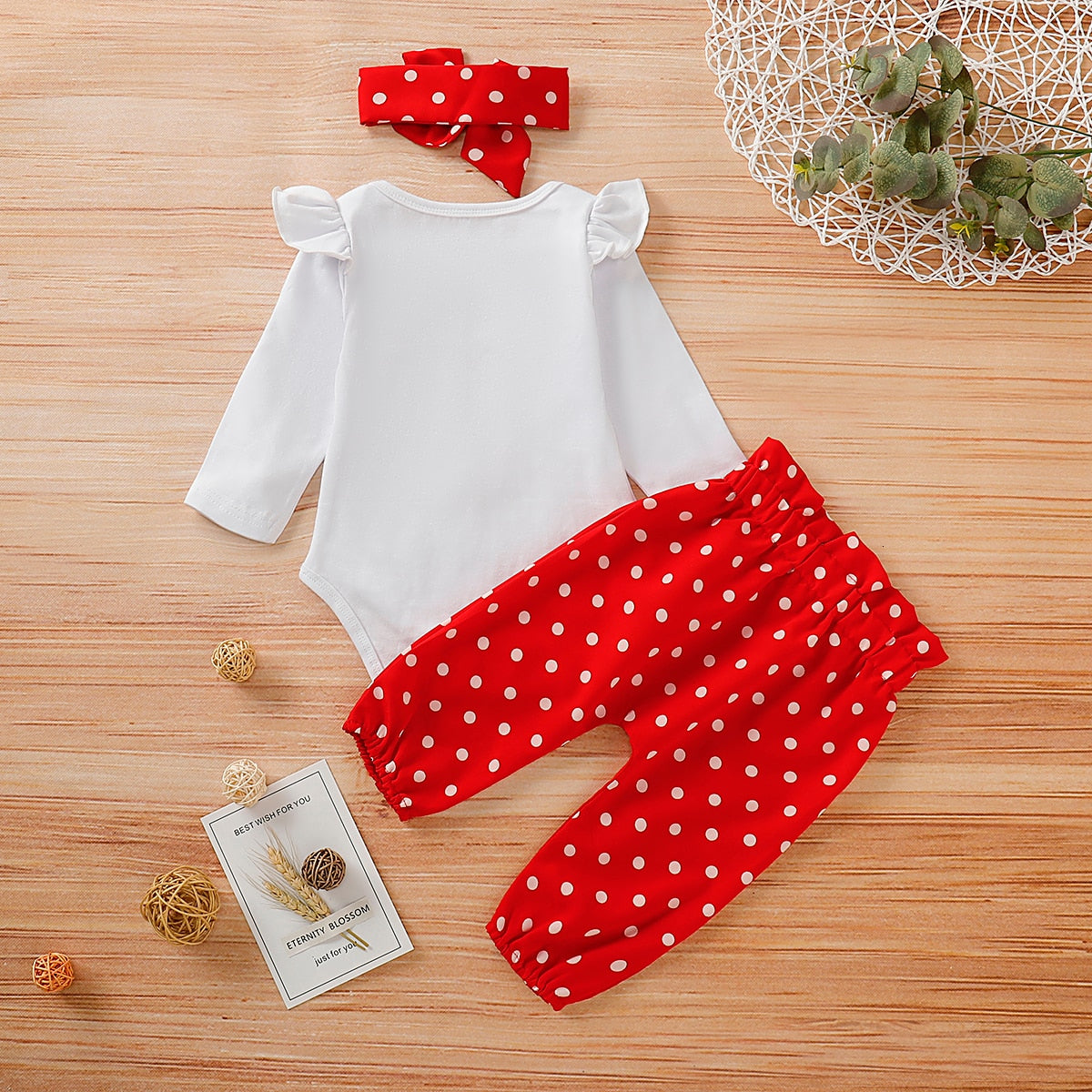 Children’s Girls Heart Print Romper +red Polka Dot Pants+Headband Set