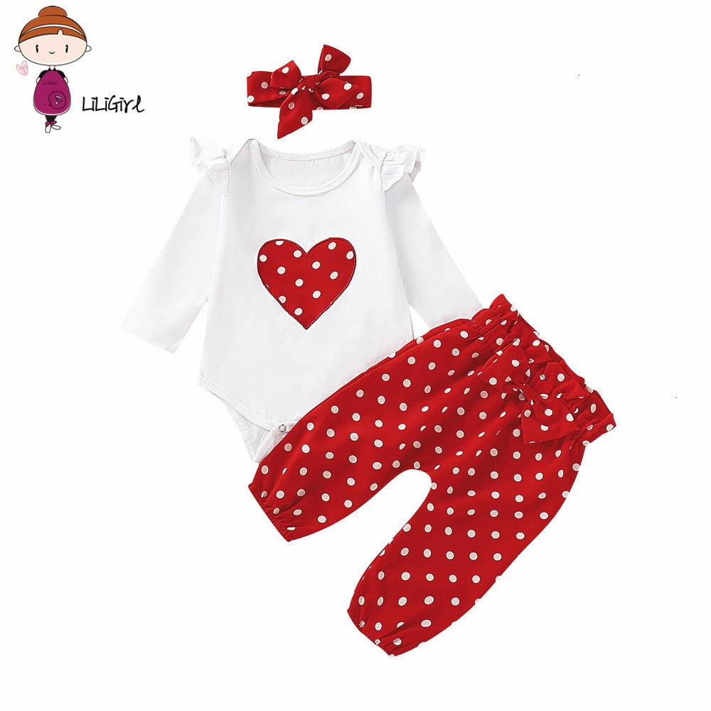 Children’s Girls Heart Print Romper +red Polka Dot Pants+Headband Set