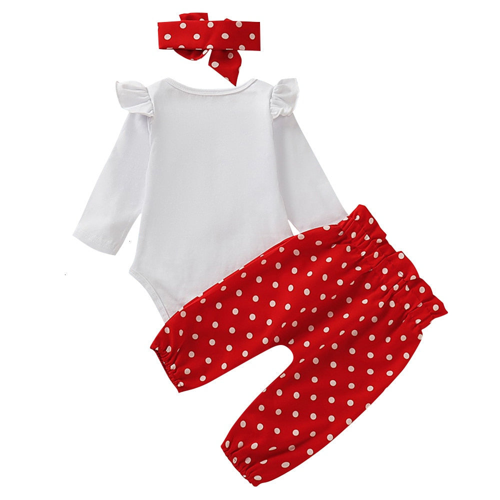 Children’s Girls Heart Print Romper +red Polka Dot Pants+Headband Set