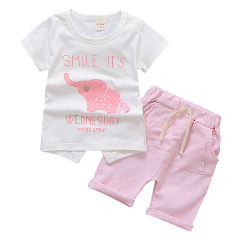 Children’s Boys Girls Elephant Short Sleeved T-shirt With Striped Pants