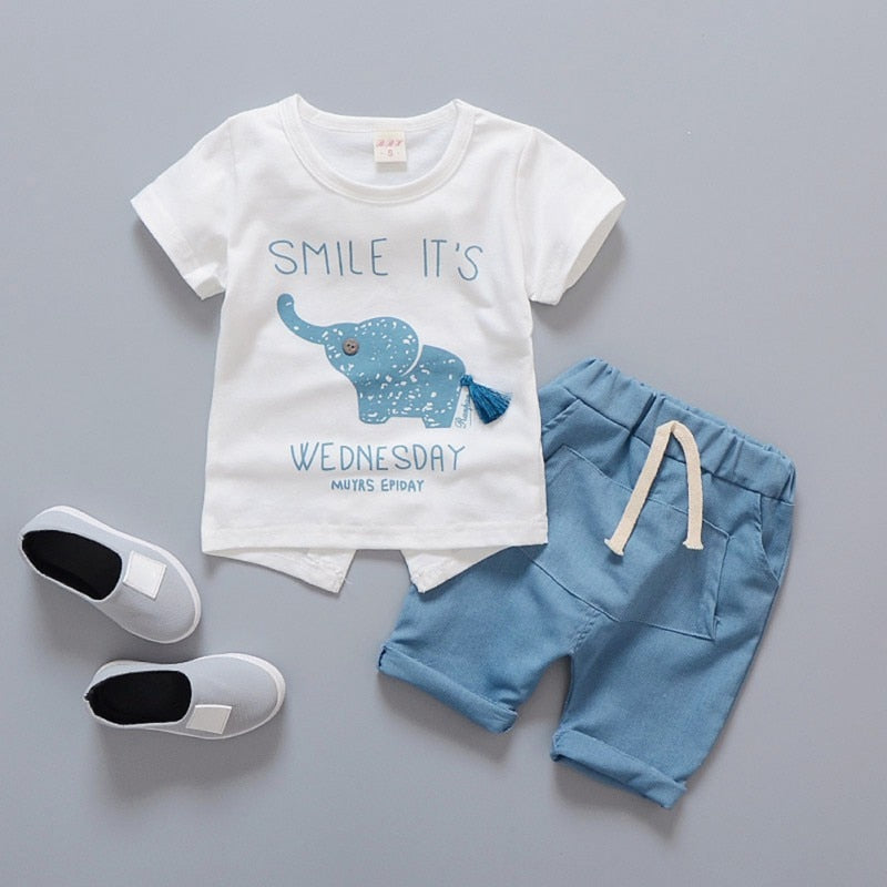 Children’s Boys Girls Elephant Short Sleeved T-shirt With Striped Pants