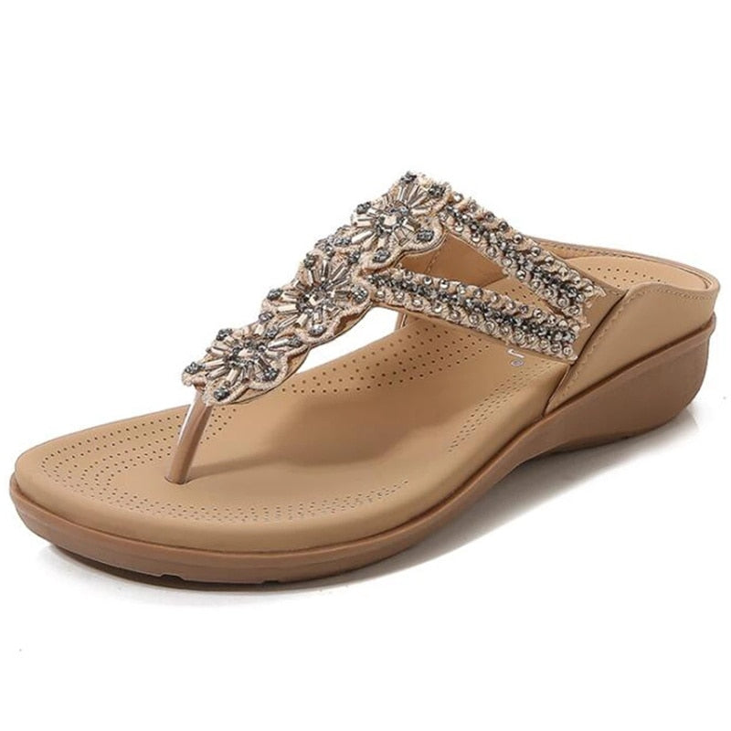 Women’s Fashion Flowers Beaded Rhinestone Casual Slip On Wedge Sandals