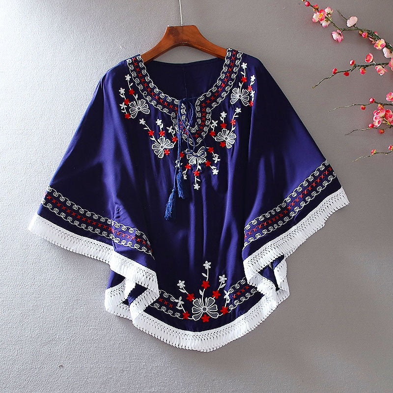 Women’s Fashion Floral Embroidered  Batwing O-Neck Bohemian Mini Dress