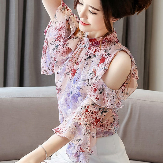 Women's Short Sleeve Cold Shoulder Floral Chiffon Blouse