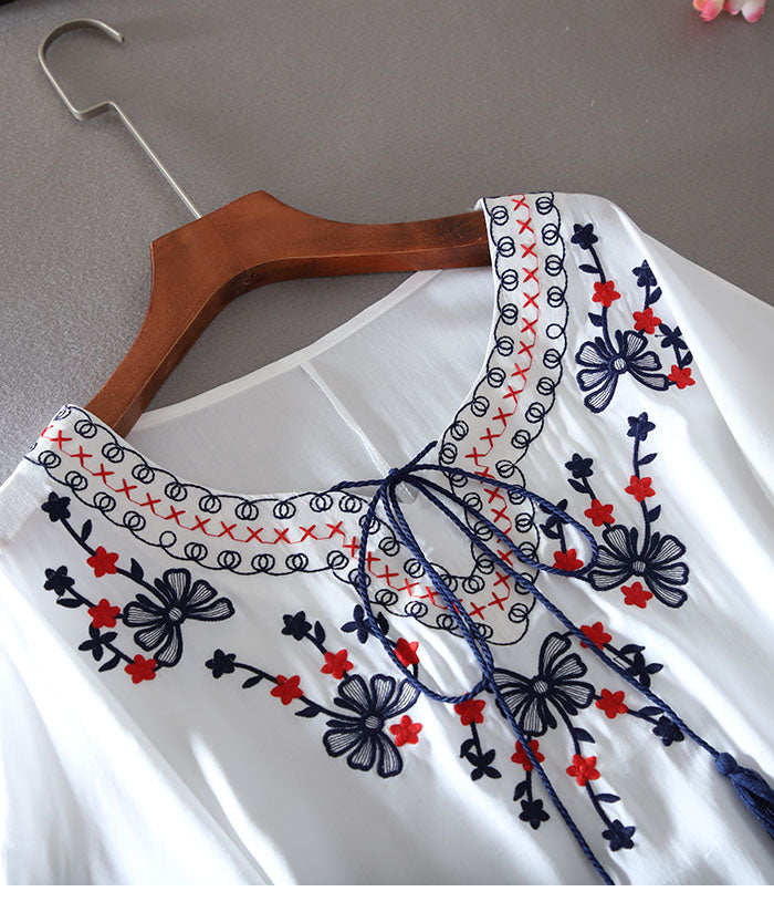 Women’s Fashion Floral Embroidered  Batwing O-Neck Bohemian Mini Dress