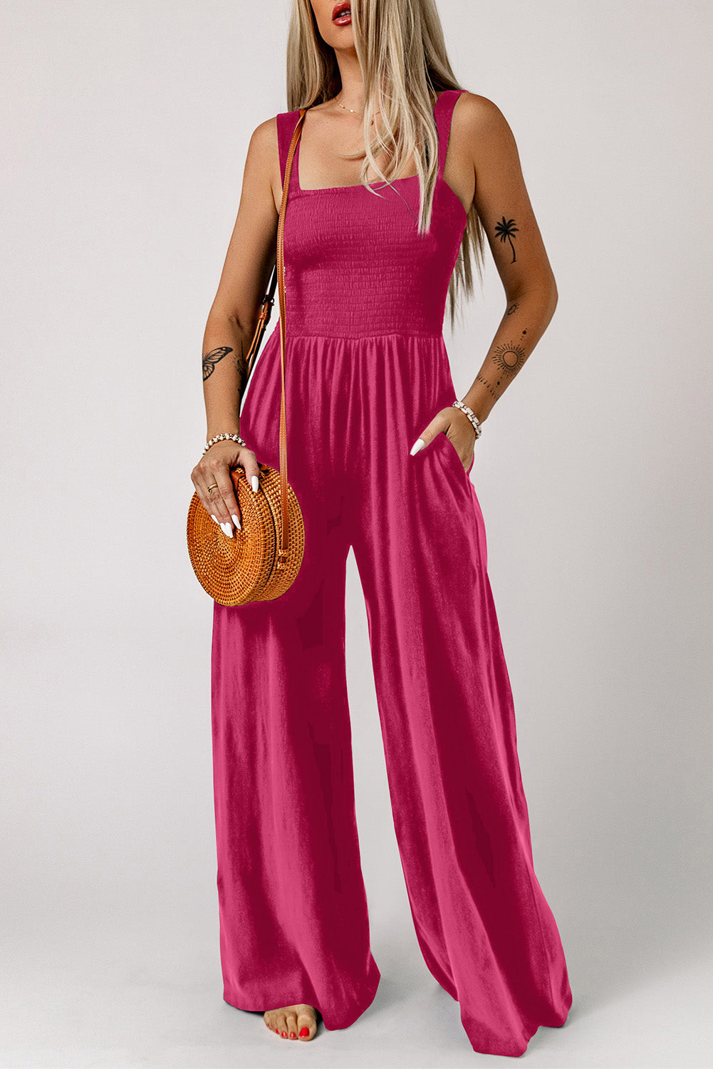 Women’s Smocked Square Neck Wide Leg Jumpsuit with Pockets