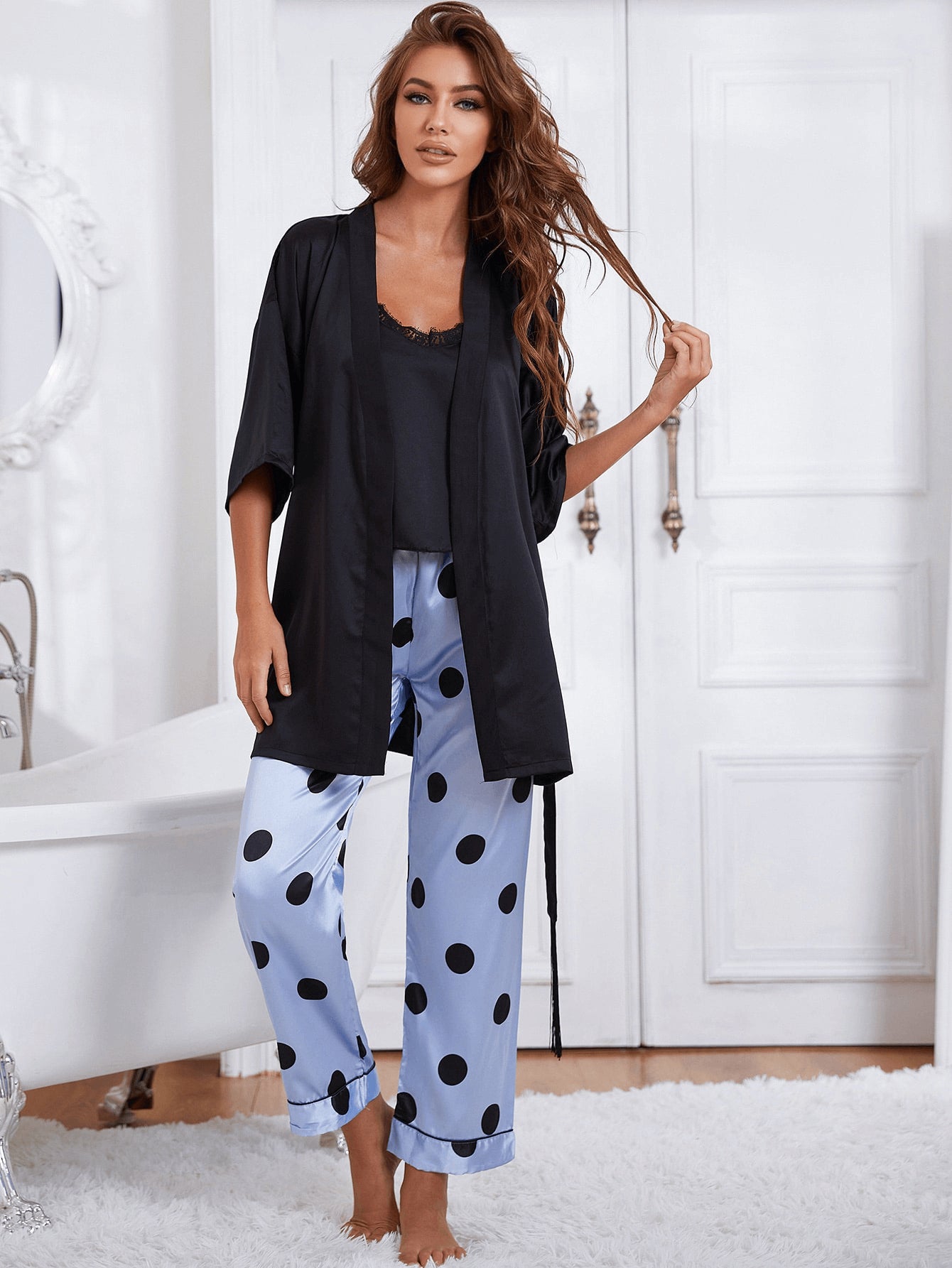 Women’s  Cami, Robe, and Printed Pants Pajama Set