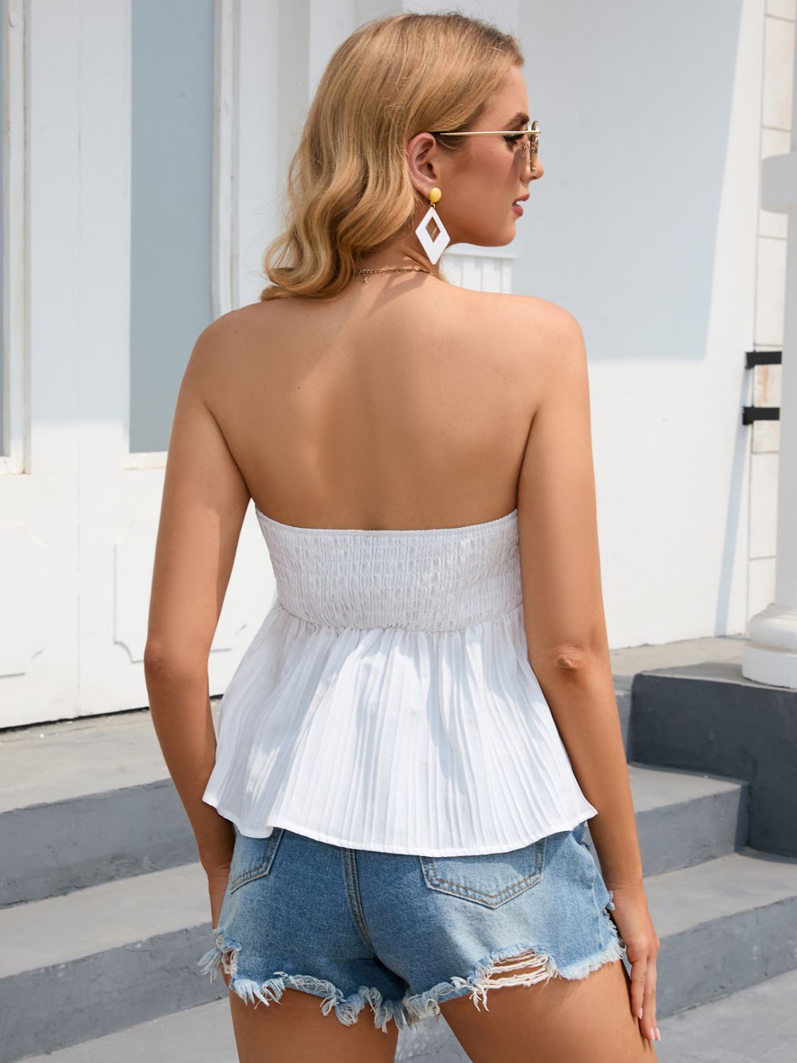 Women’s Drawstring Detail Strapless Peplum Top