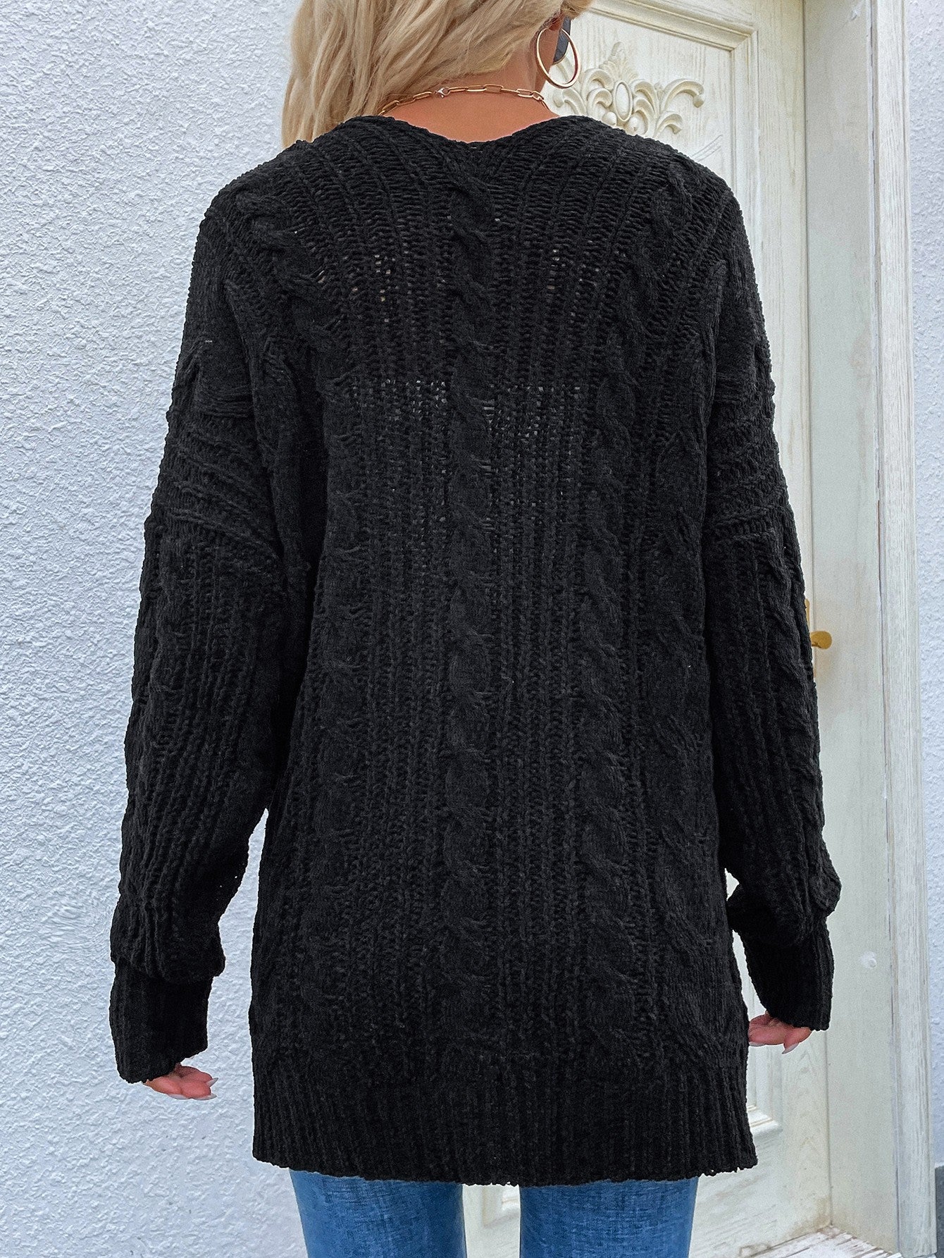 Women’s Cable-Knit Open Front Cardigan with Front Pockets