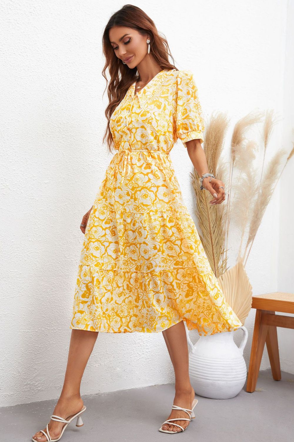 Women’s Floral Collared Neck Puff Sleeve Midi Dress