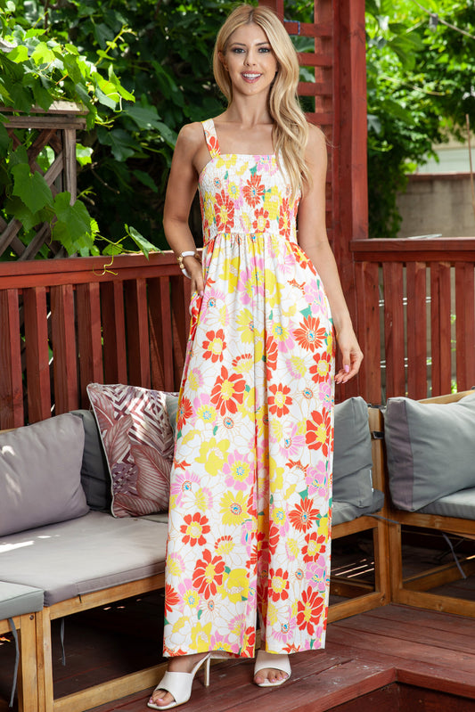 Women’s Floral Square Neck Smocked Wide Leg Jumpsuit