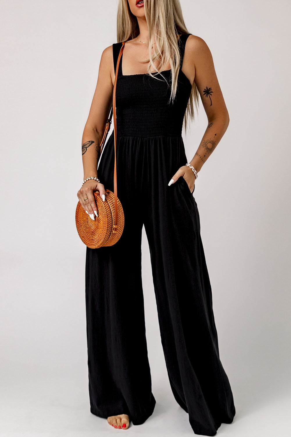 Women’s Smocked Square Neck Wide Leg Jumpsuit with Pockets