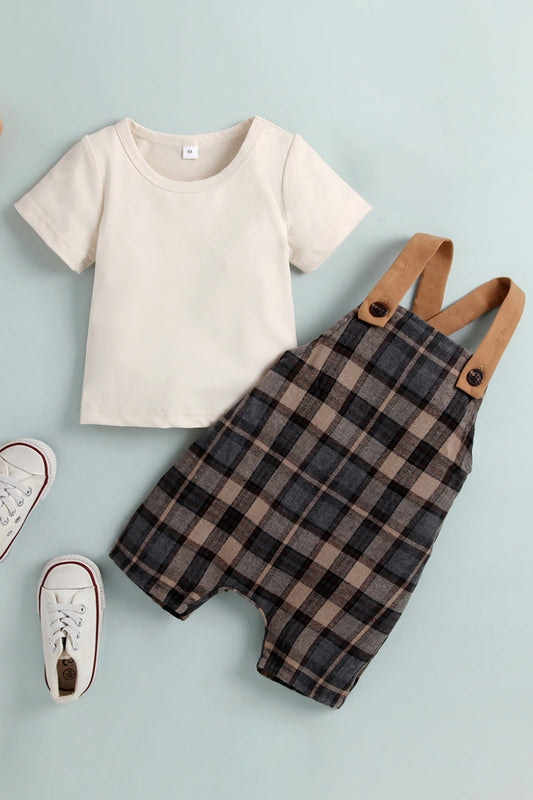 Baby Boys Round Neck Tee and Plaid Overalls