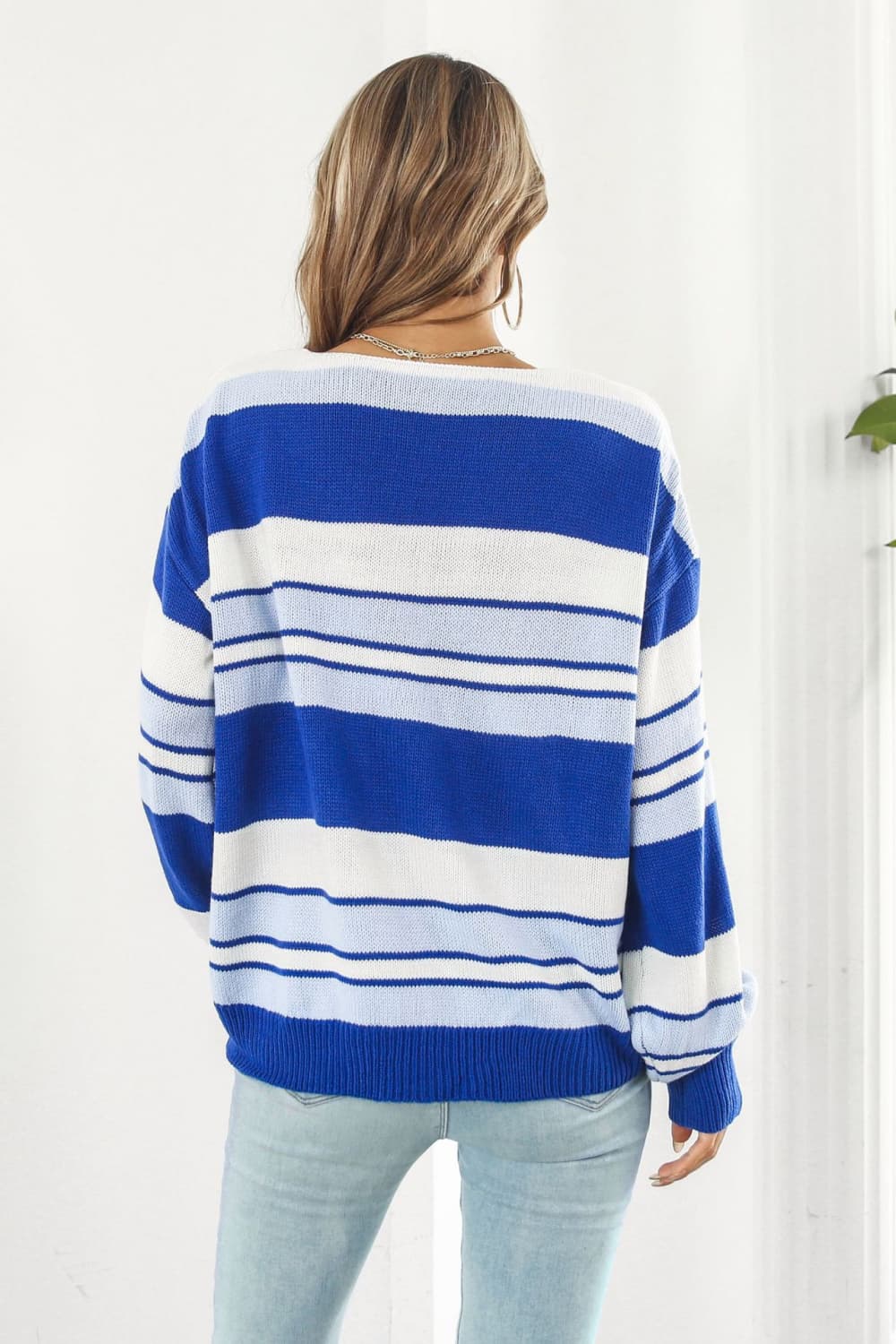 Women’s Striped V-Neck Dropped Shoulder Sweater