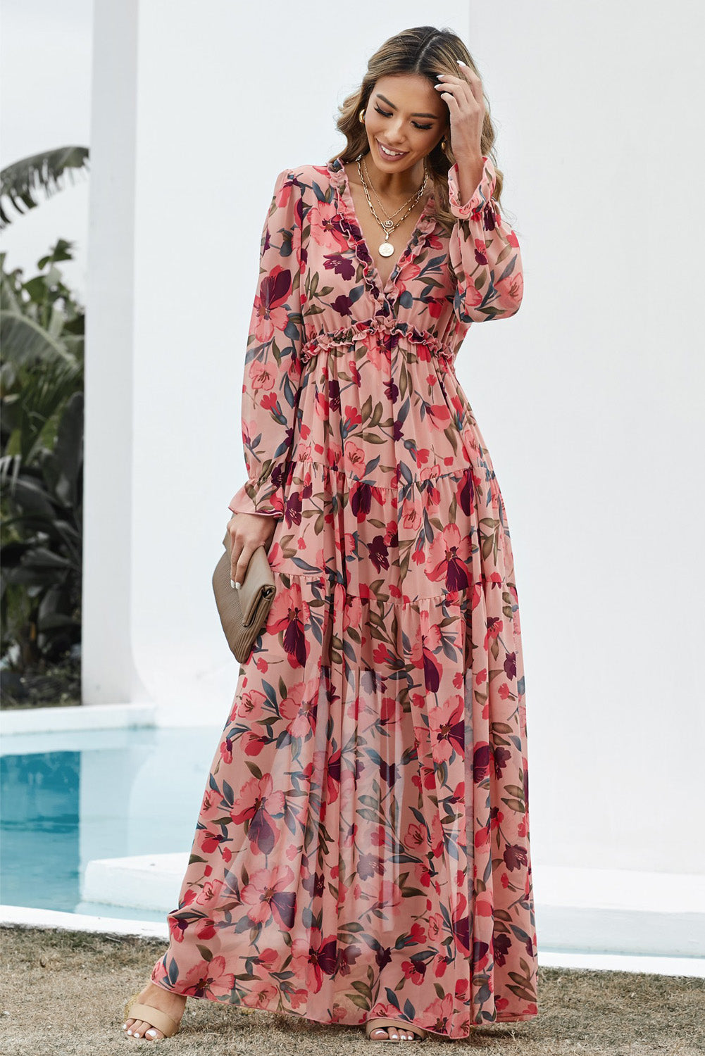Women’s Floral Frill Trim Flounce Sleeve Plunge Maxi Dress