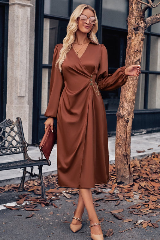 Women’s Surplice Neck Puff Sleeve Midi Dress