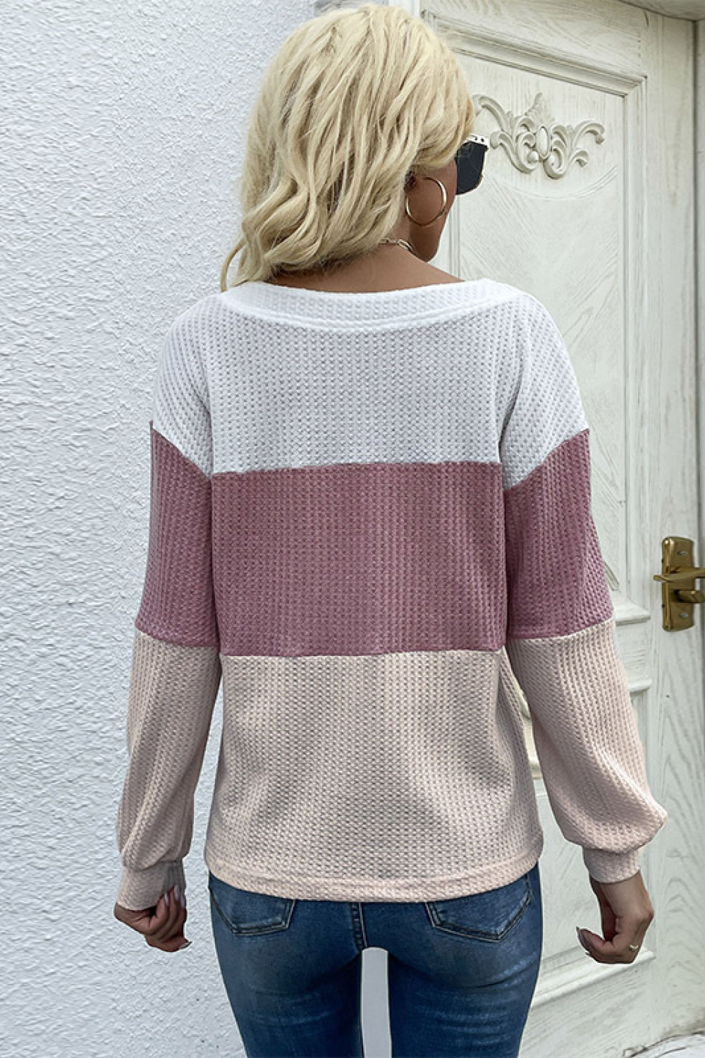 Women's Color Block Waffle Knit Button Detail Sweater  Size S-XL