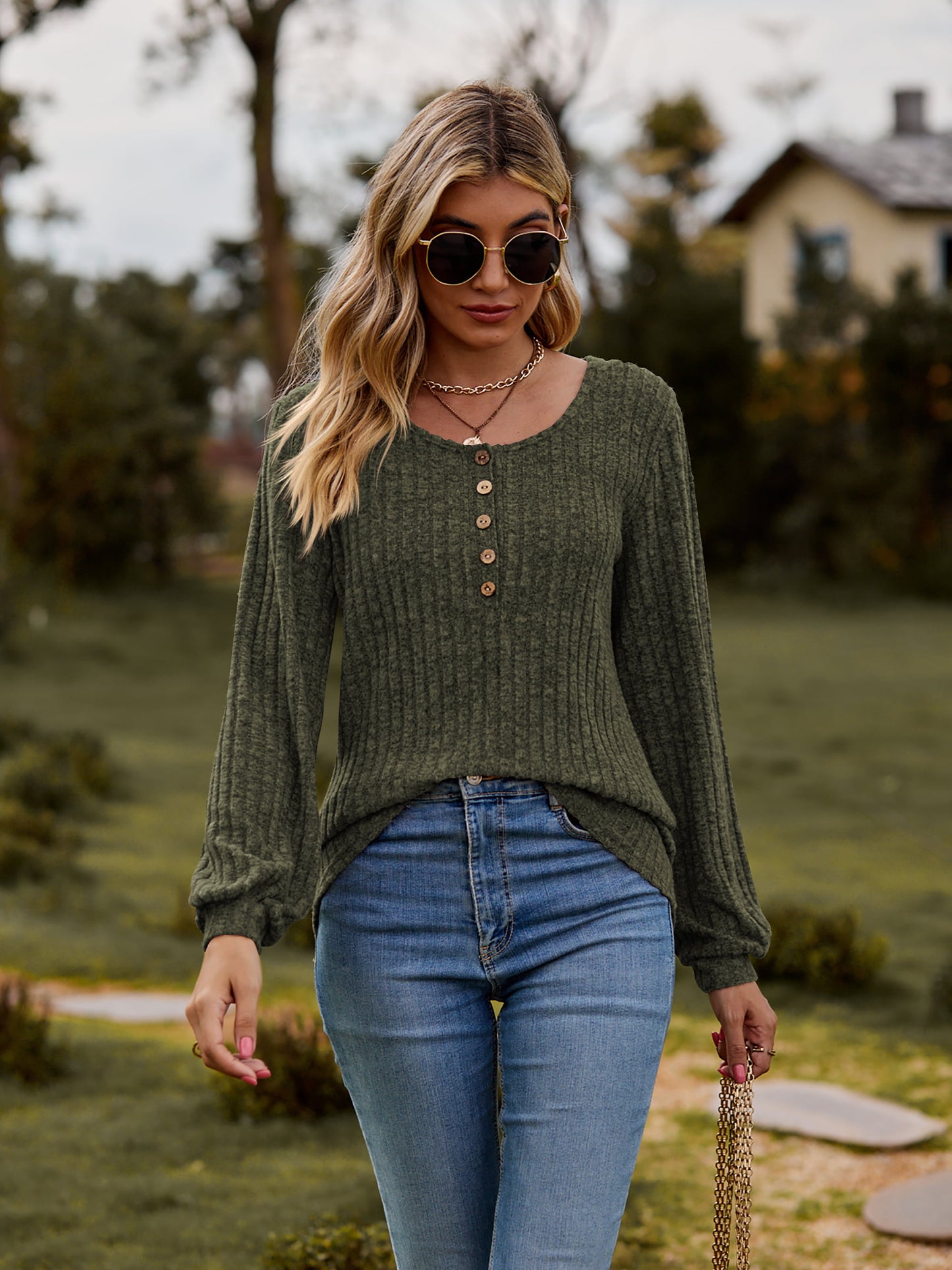 Women’s Round Neck Button-Down Long Sleeve Tee