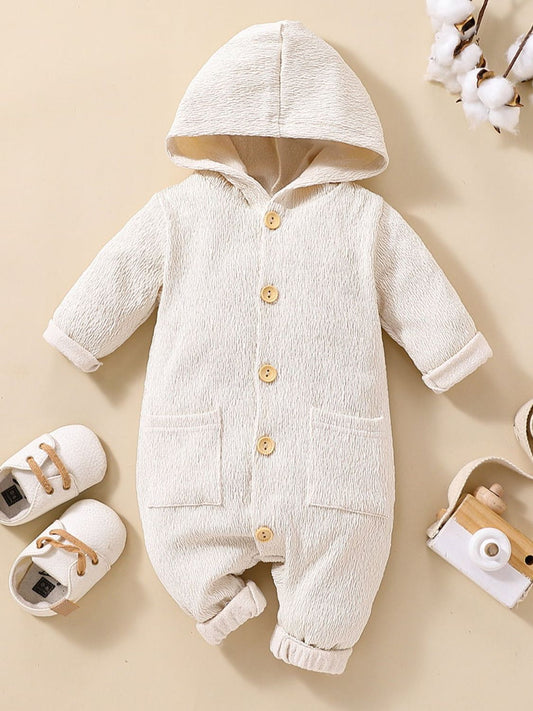 Baby Boys Girls Textured Button Front Hooded Jumpsuit with Pockets