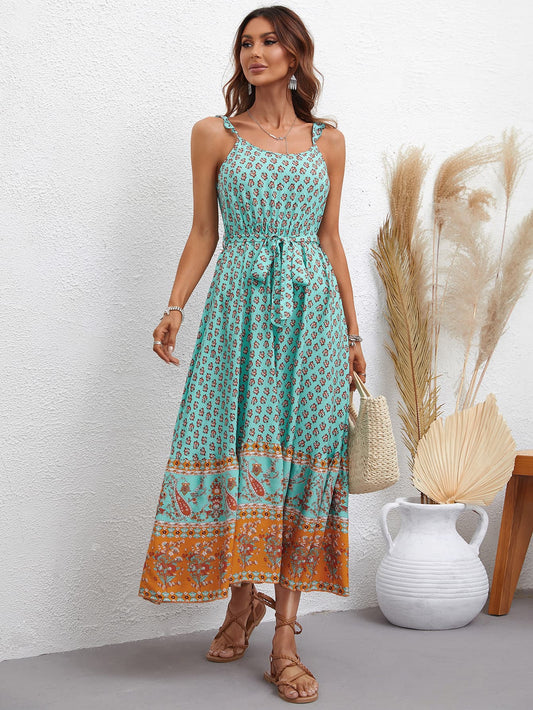 Women’s Bohemian Tie Waist Scoop Neck Dress