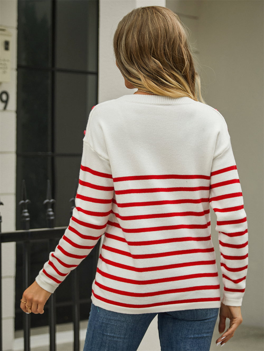 Women’s Round Neck Shoulder Button Striped Pullover Sweater