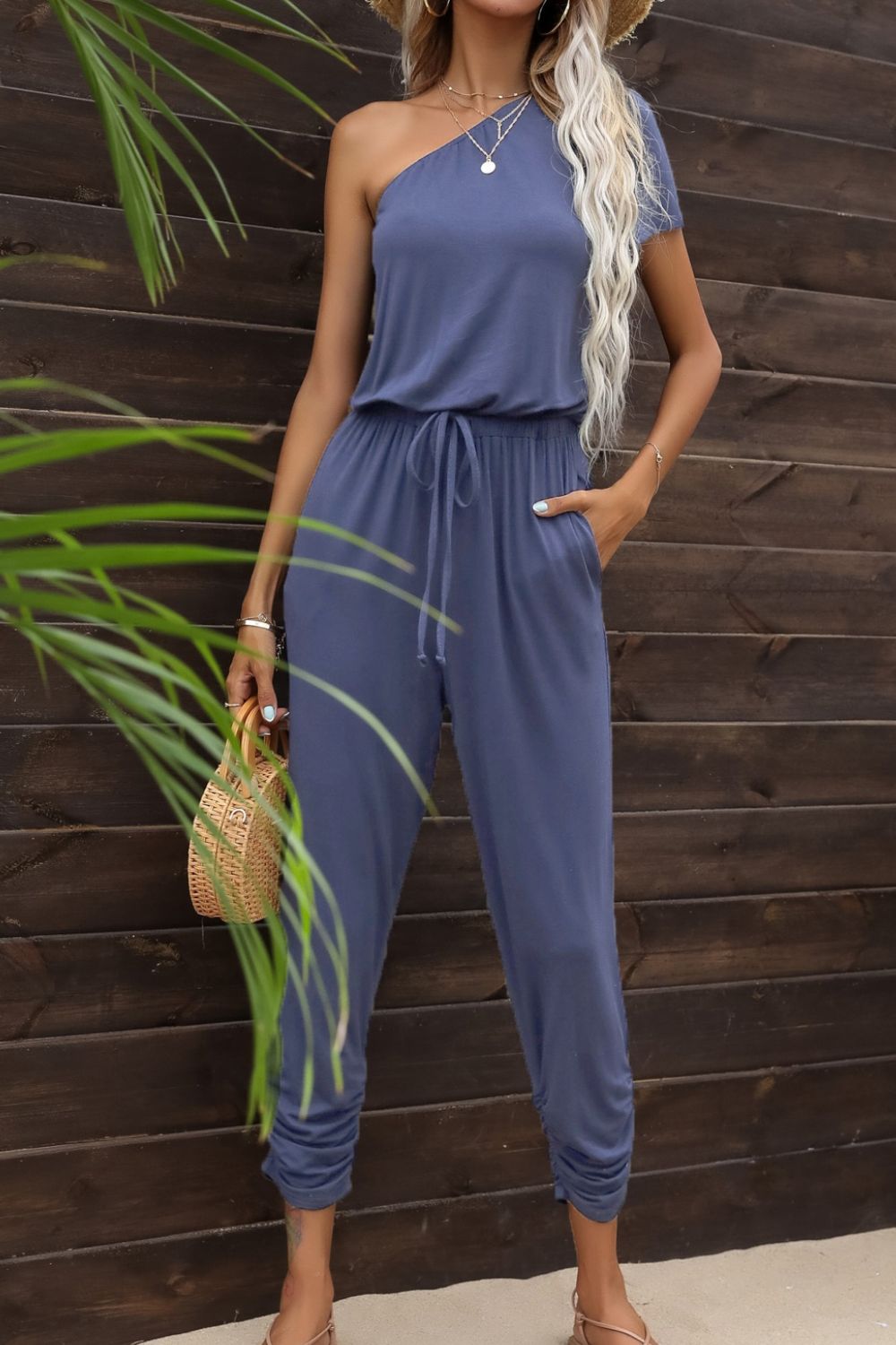 Women’s Drawstring Waist One-Shoulder Jumpsuit with Pockets