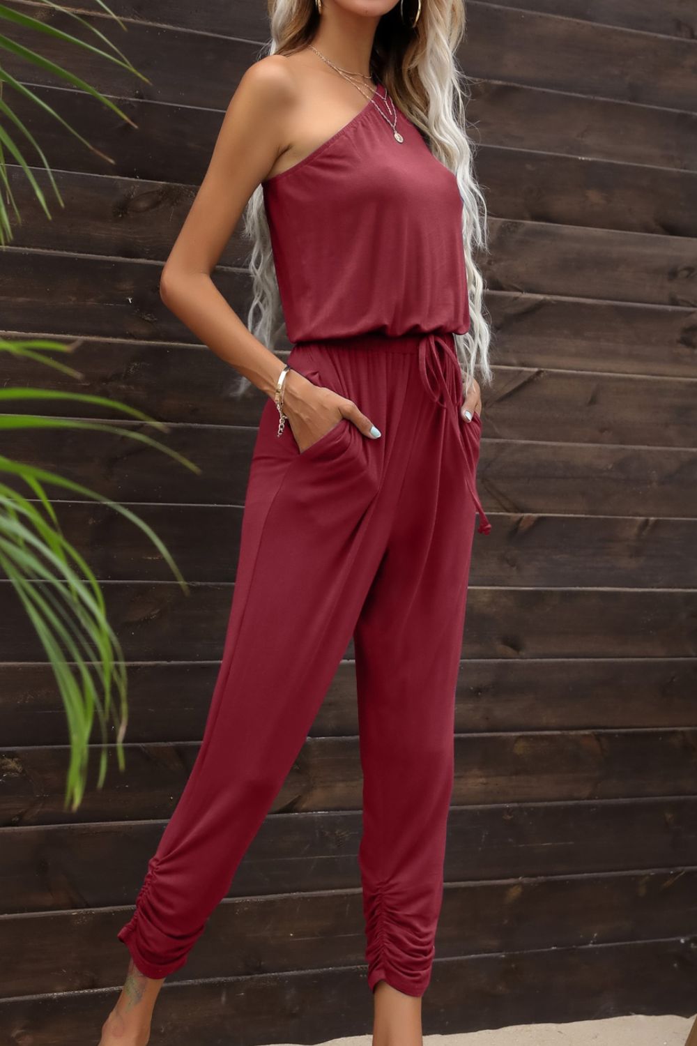 Women’s Drawstring Waist One-Shoulder Jumpsuit with Pockets