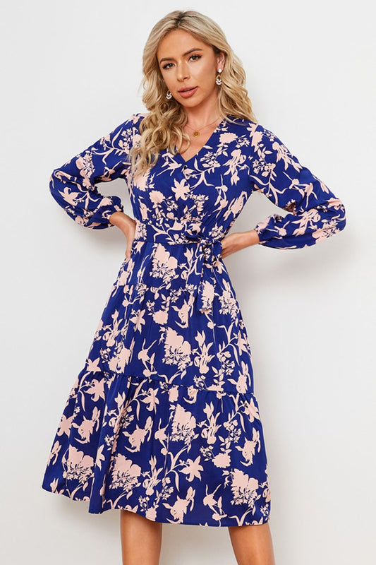 Women’s Floral Belted Tiered Midi Dress