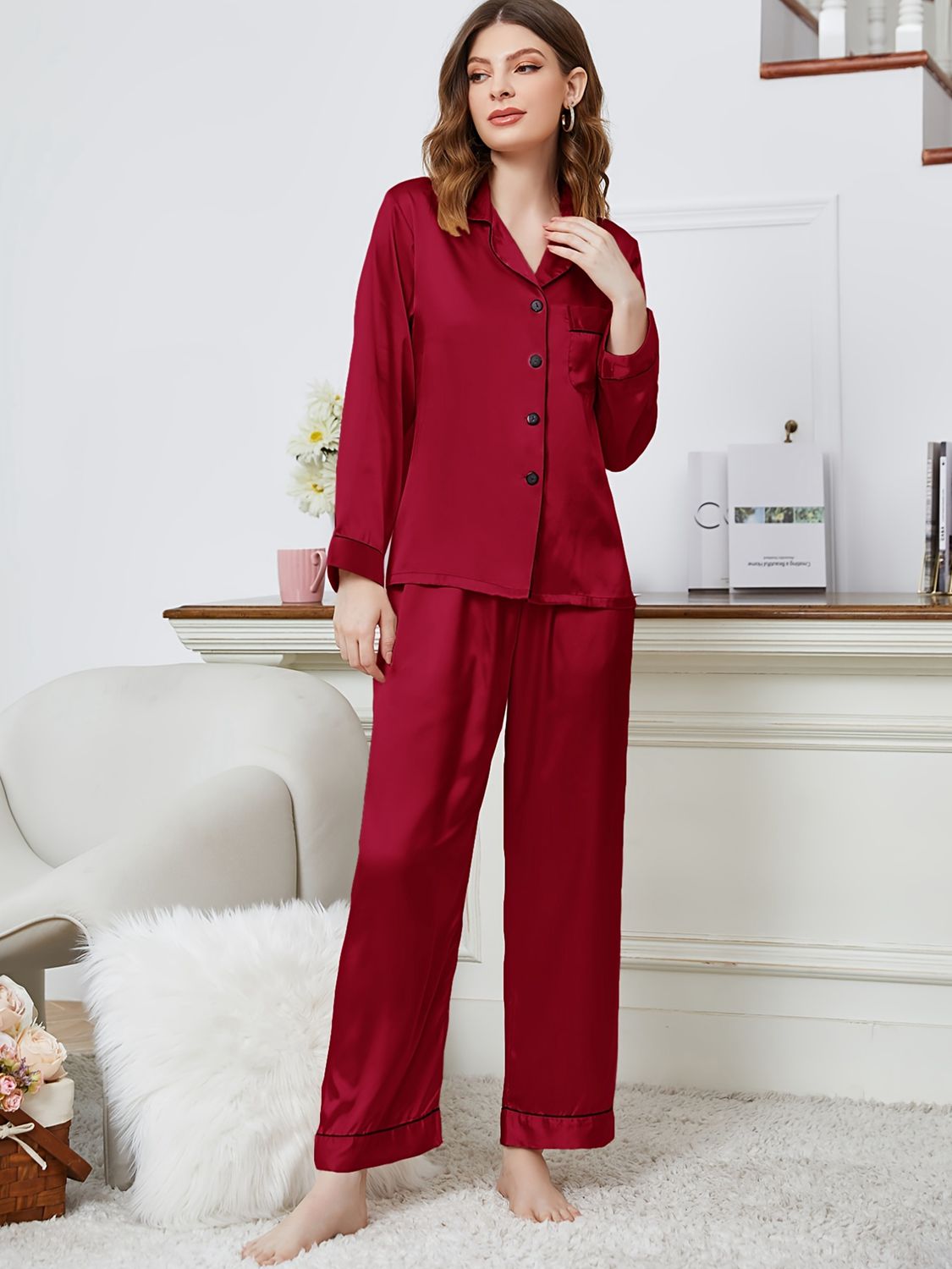 Women’s Lapel Collar Long Sleeve Top and Pants Pajama Set