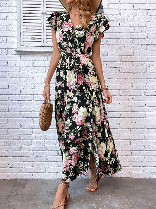 Women’s Floral Flutter Sleeve Tie-Waist Split Dress