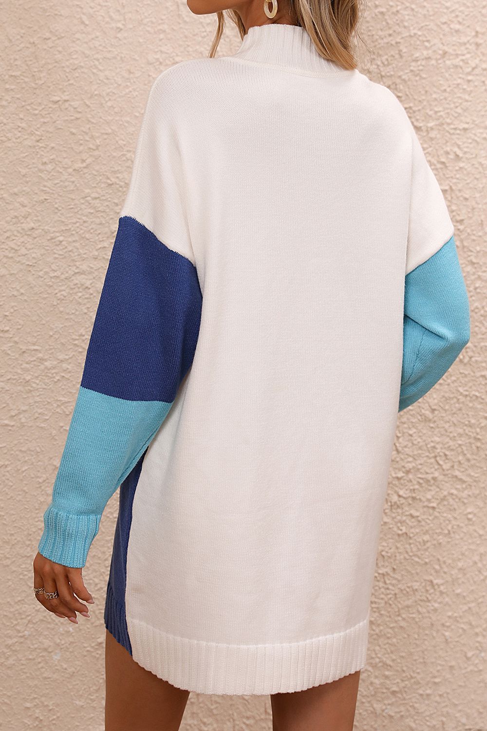 Women’s Color Block Mock Neck Dropped Shoulder Sweater Dress