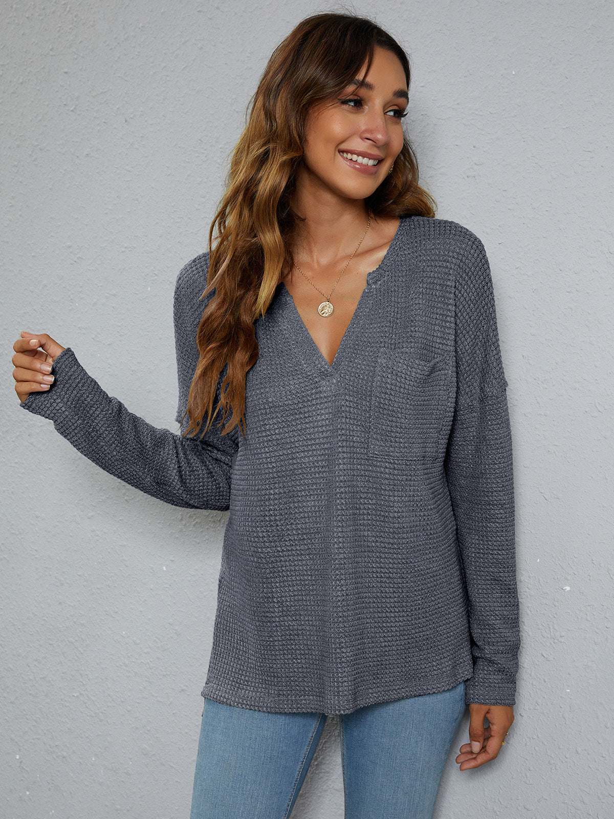 Women’s Dropped Shoulder High-Low Waffle-Knit Top