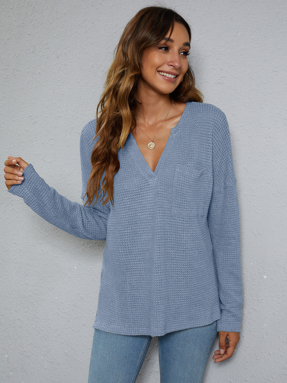 Women’s Dropped Shoulder High-Low Waffle-Knit Top