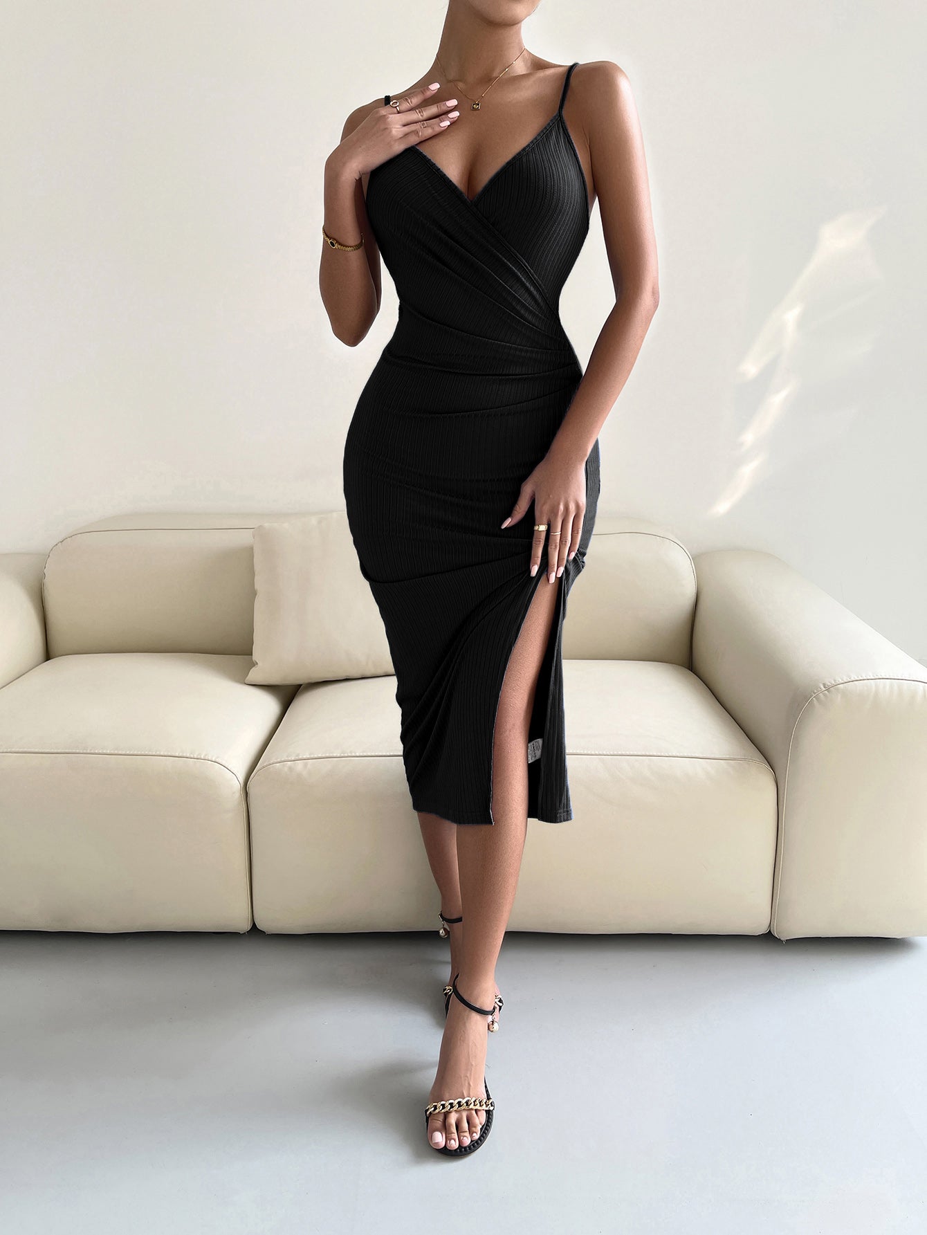 Women’s Spaghetti Strap Surplice Neck Slit Dress