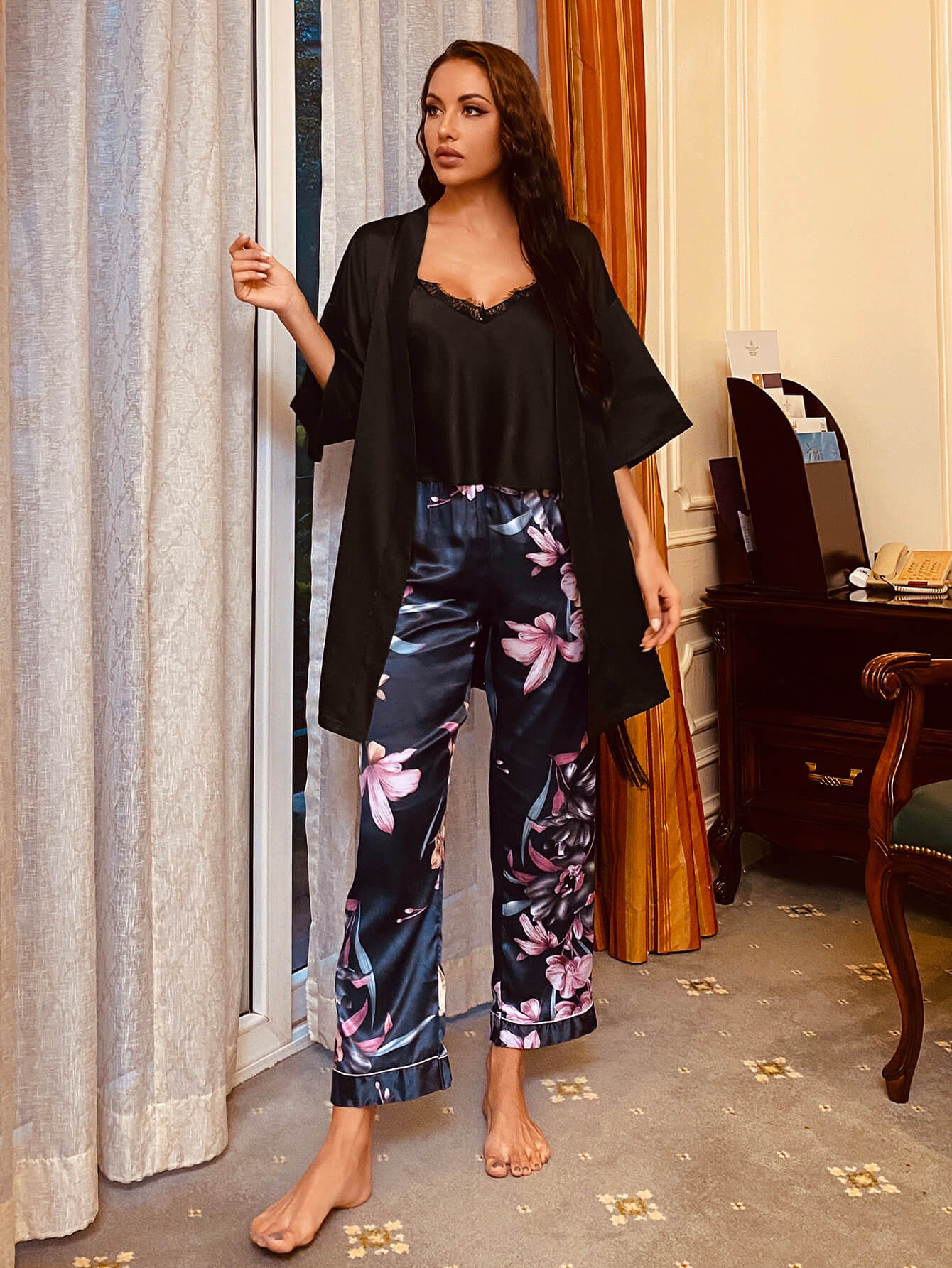 Women’s  Cami, Robe, and Printed Pants Pajama Set