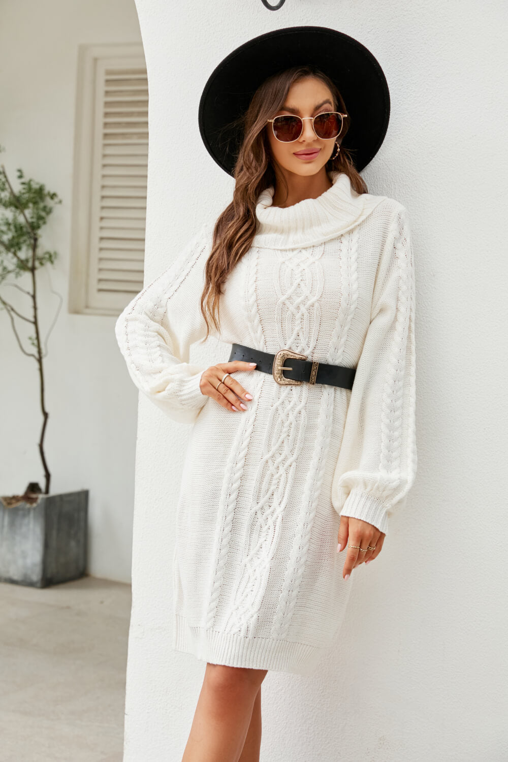 Women’s Mixed Knit Turtleneck Lantern Sleeve Sweater Dress