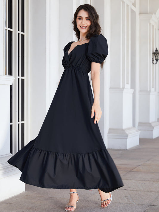 Women’s Surplice Neck Ruffle Hem Balloon Sleeve Maxi Dress