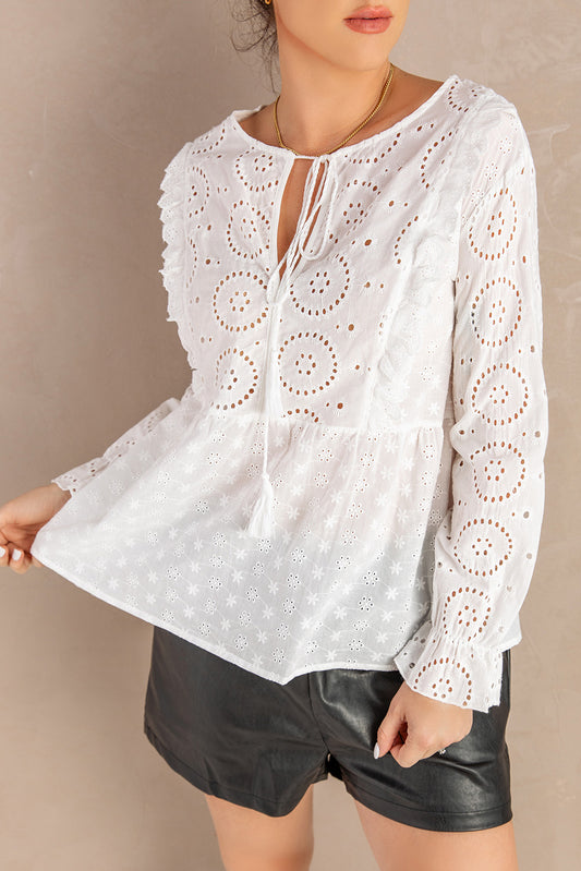 Women’s Eyelet Tie-Neck Long Flounce Sleeve Peplum Blouse