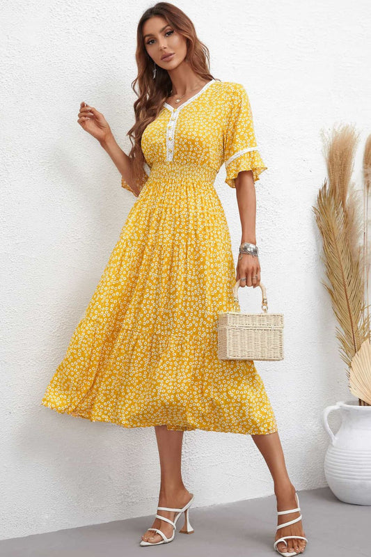 Women’s Floral V-Neck Smocked Waist Midi Dress