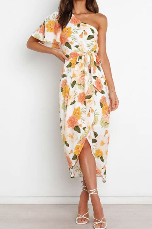 Women’s Floral One-Shoulder Tied Tulip Hem Dress