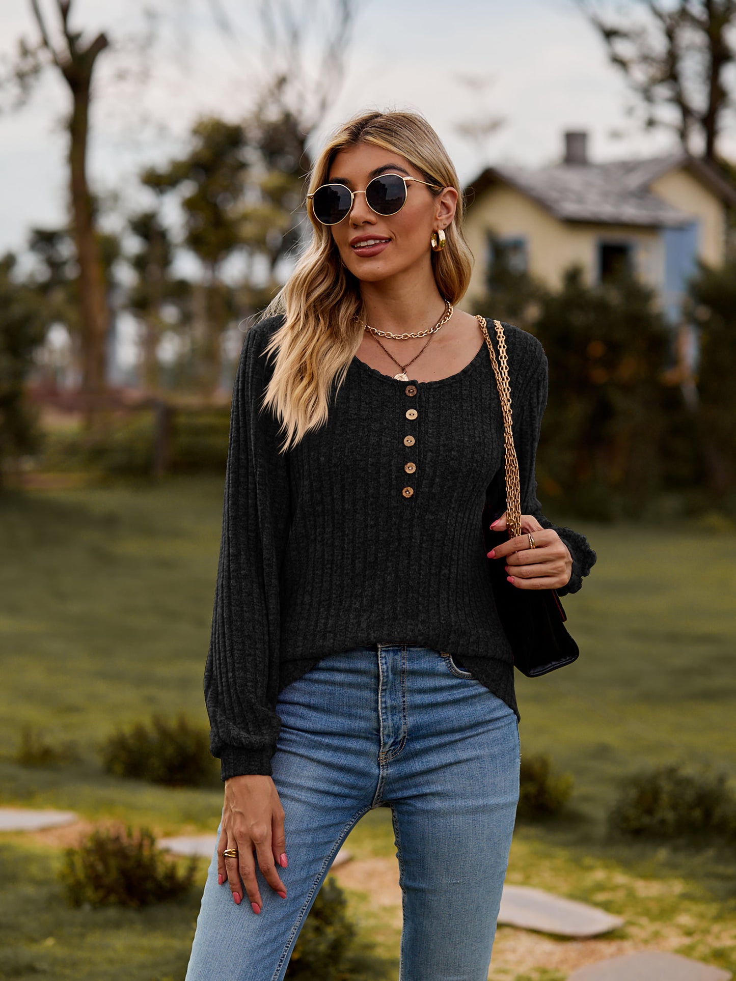 Women’s Round Neck Button-Down Long Sleeve Tee