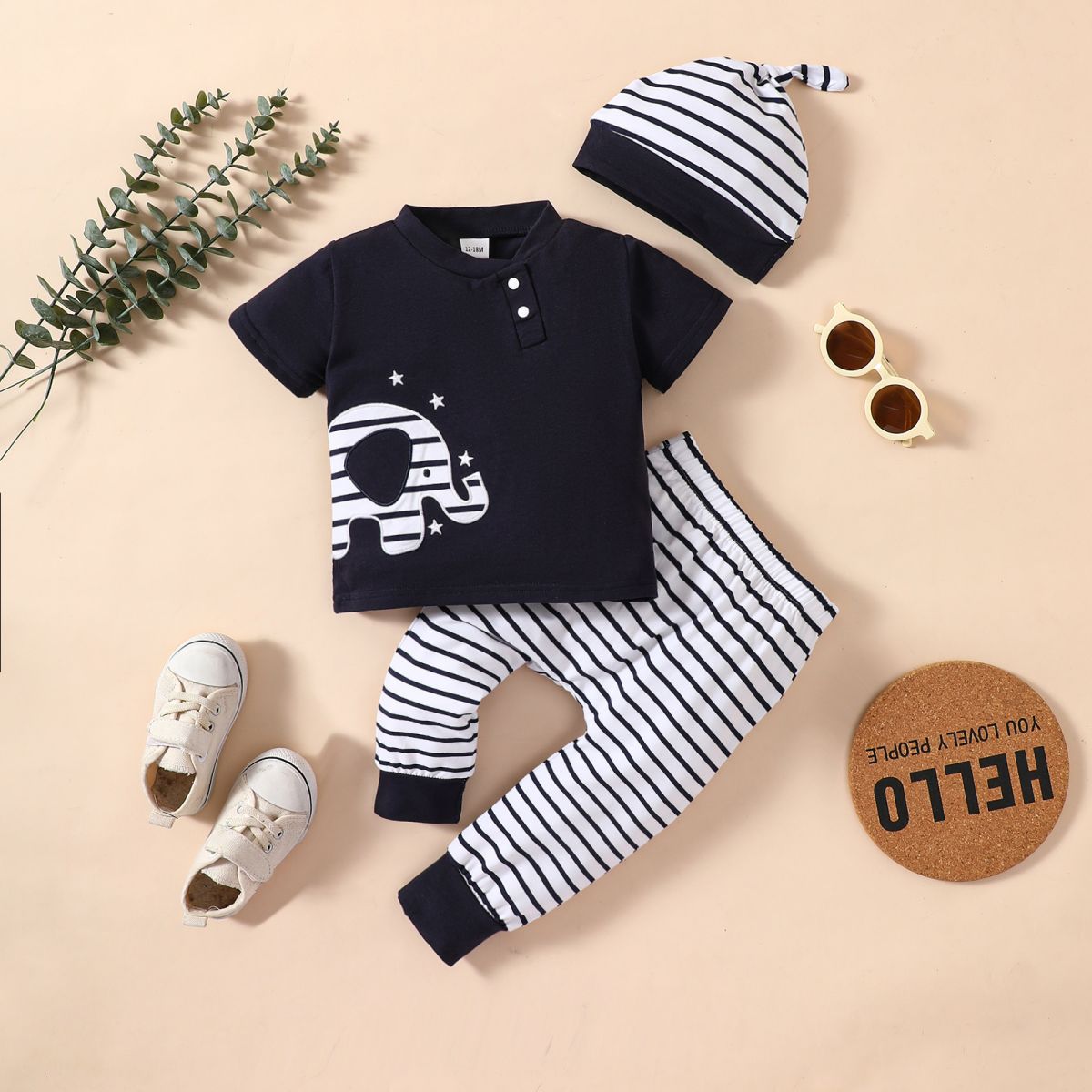 Children’s Boys Elephant Graphic Top and Striped Pants Set