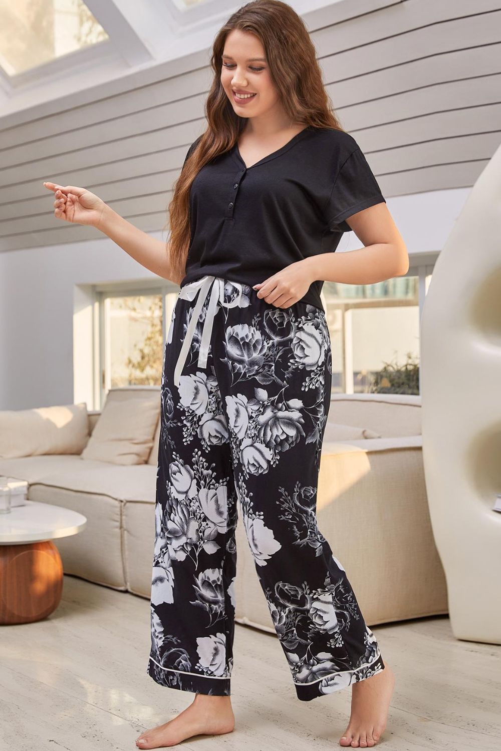 Women’s Full Size V-Neck Top and Floral Pants Lounge Set