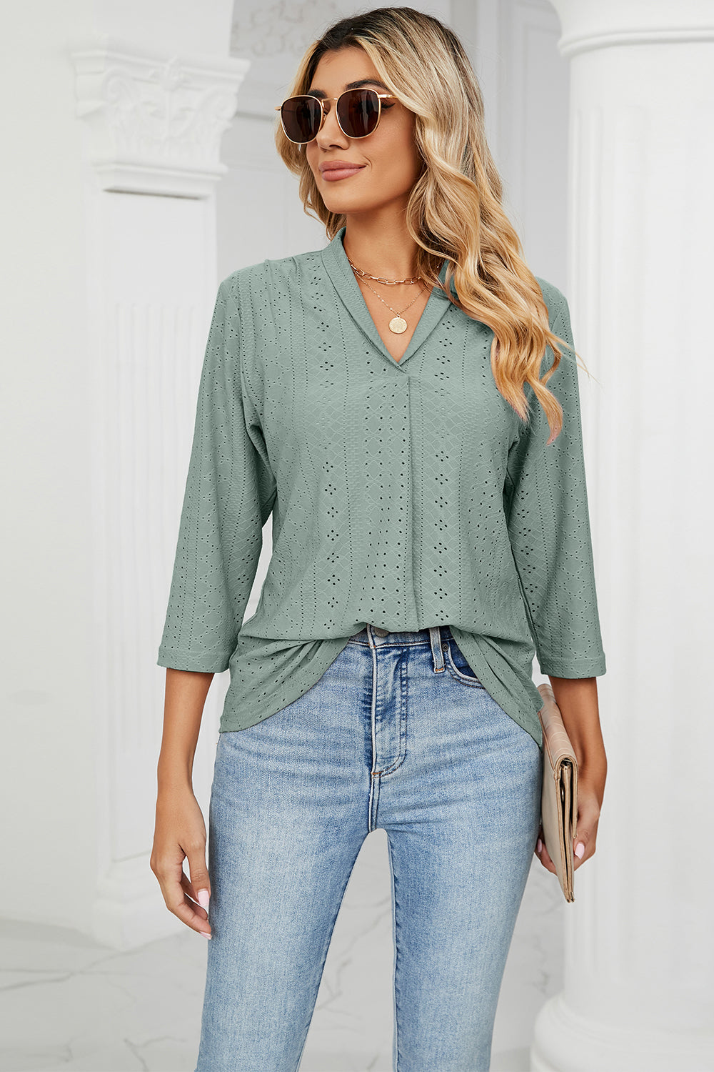 Women’s Eyelet Three-Quarter Sleeve Blouse