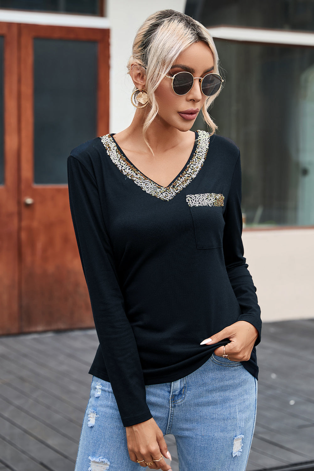 Women’s Sequin Contrast Long Sleeve T-Shirt