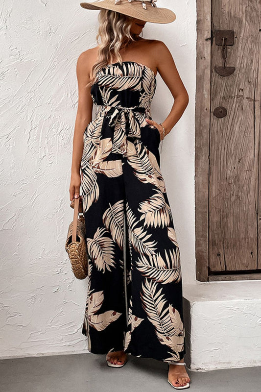 Women’s Printed Strapless Wide Leg Jumpsuit with Pockets