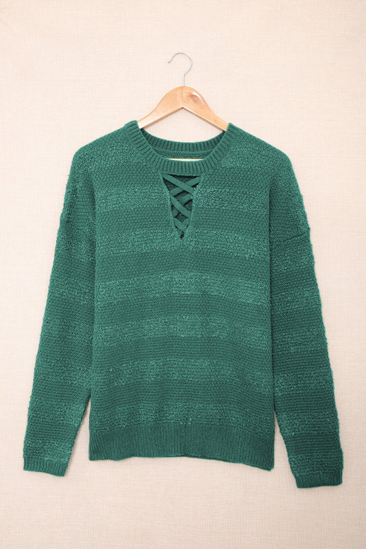 Women’s Round Neck Dropped Shoulder Crisscross Pullover Sweater